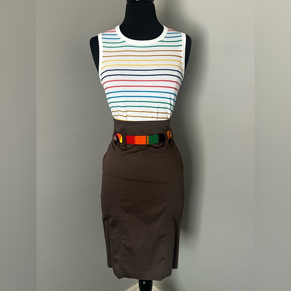 Designer Brown High-Waist Pencil Skirt with Colorblock Belt